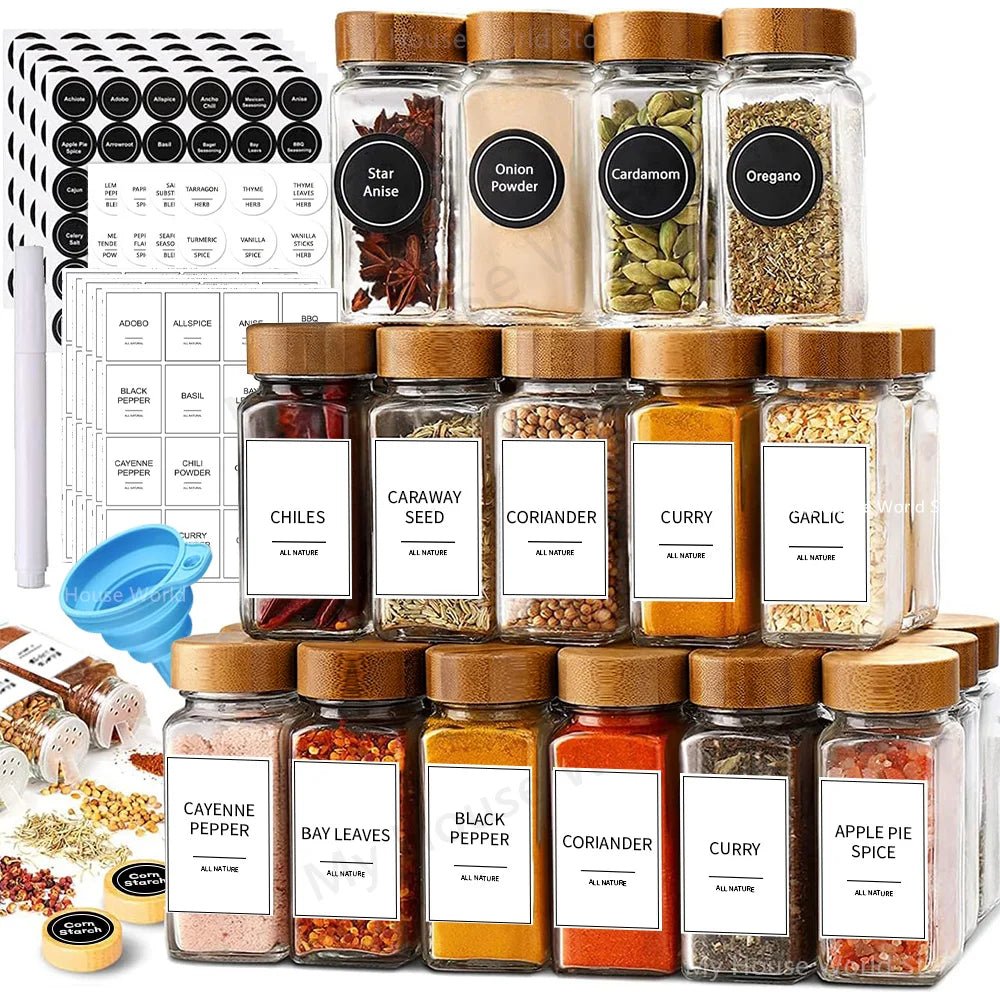 13Pcs Glass Spice Jars with Bamboo Lids 4oz Glass Jars Spice Jar Set Seasoning Jars Organizer Storage Bottles for Spice Rack - Ammpell