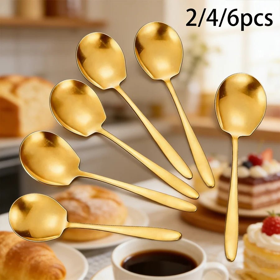 2/4/6pcs Stainless Steel Serving Spoons with Round Heads, Large Spoons, and Long-Handled Soup Ladles; Suitable for Home Kitchens - Ammpell