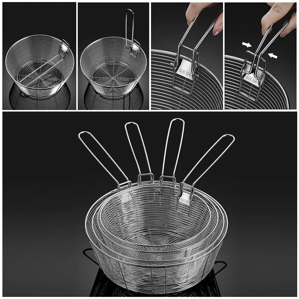 304 Stainless Steel Frying Strainer Basket French Chip Filter Strainer Deep Fry Basket Handle Round Fryer Food Strainer Kitchen - Ammpell