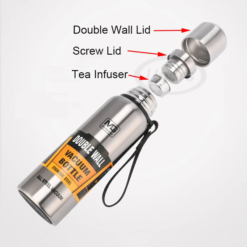 Stainless Steel Vacuum Flask Thermos with Rope, Insulated Bottle, 500 to 1500 ml
