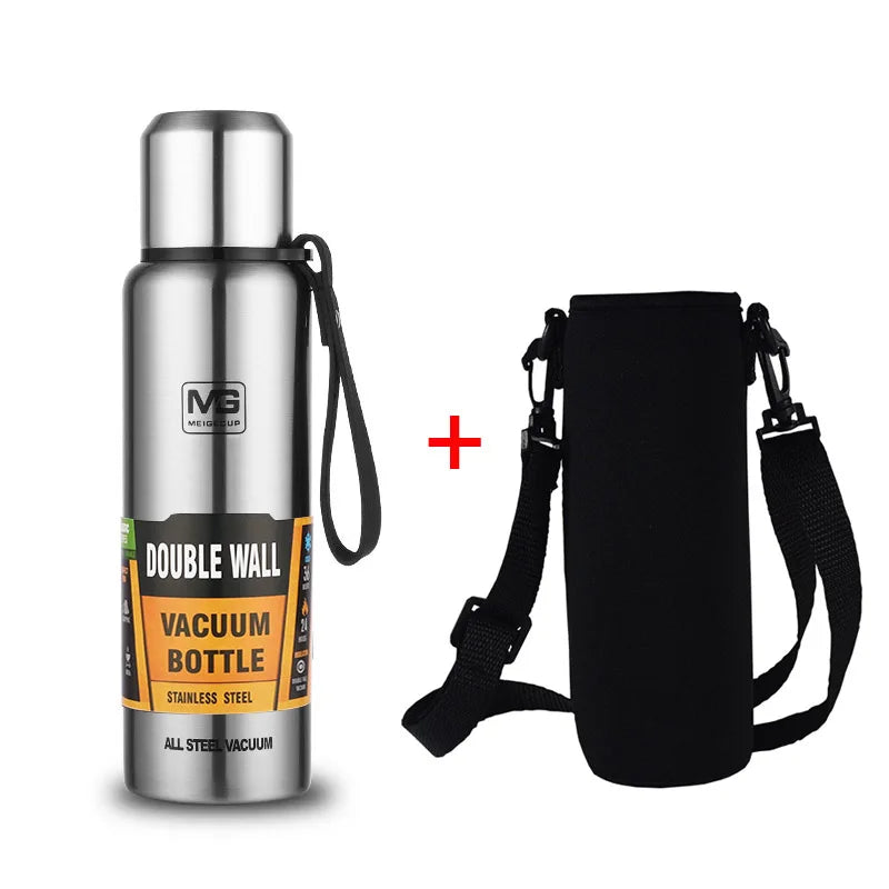 Stainless Steel Vacuum Flask Thermos with Rope, Insulated Bottle, 500 to 1500 ml