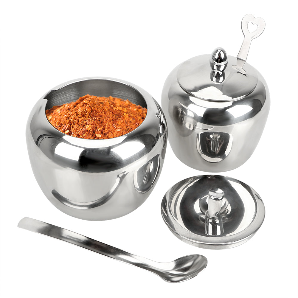 Apple Sugar Bowl Seasoning Jar Kitchen Accessories With Lid and Spoon Condiment Pot Spice Container Stainless Steel Tableware