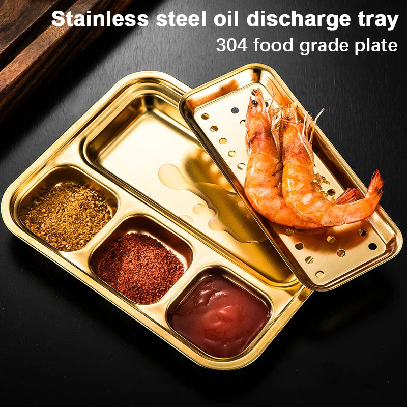 4 Grid 304 Stainless Steel Food Tray Oil Drain Barbecue Sauce Snack Trays Divided Dinner Tray Lunch Fruit Snack Container