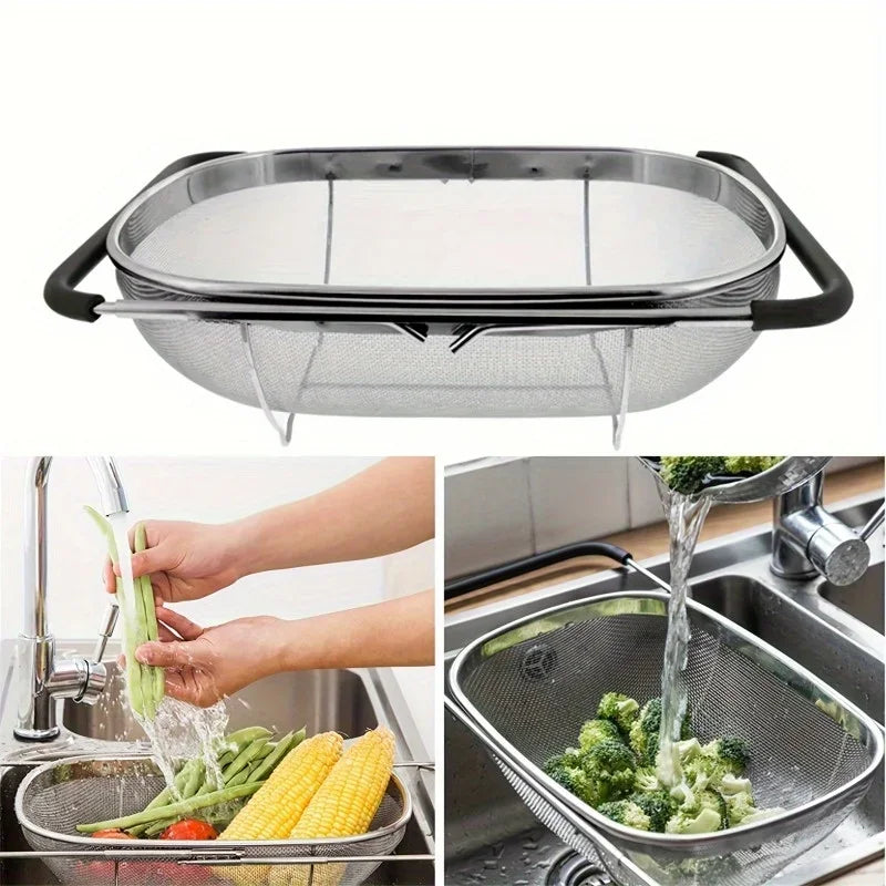 Stainless Steel Over Sink Colander with Telescopic Handle, 45 cm Mesh Strainer Basket