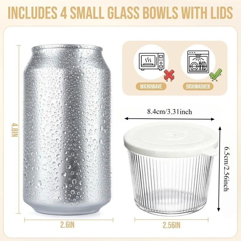 4/6PCS Small Glass Bowl with Lid Clear Stripe Glass Container Stackable for Desserts Puddings Sauces Dips Nuts Oats Candy Sweets