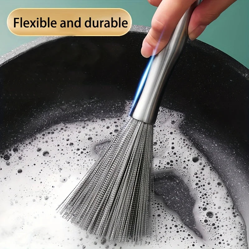 Stainless Steel Pan Brush with A Long Handle Dishwashing Brush Pot Cleaner Strong Decontamination Hangable Kitchen Clean Tools