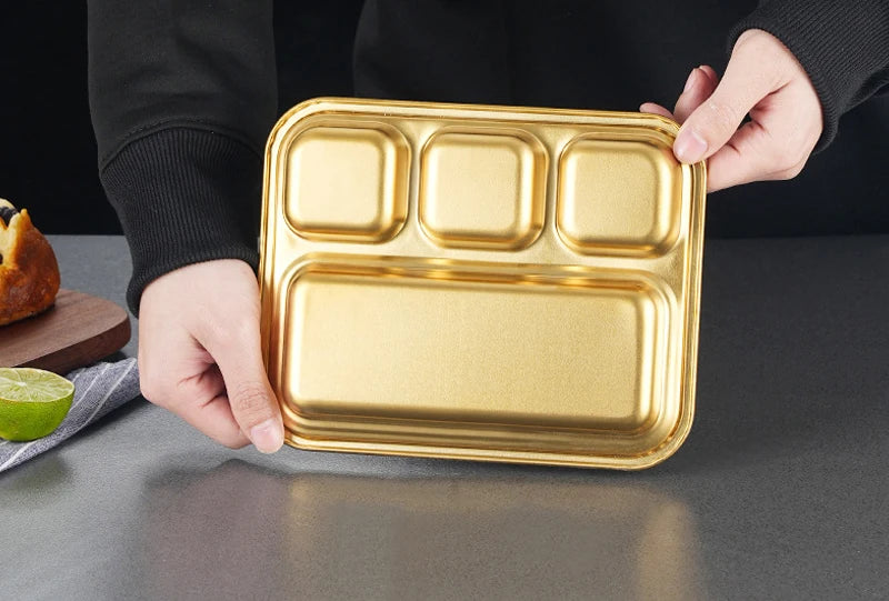 4 Grid 304 Stainless Steel Food Tray Oil Drain Barbecue Sauce Snack Trays Divided Dinner Tray Lunch Fruit Snack Container