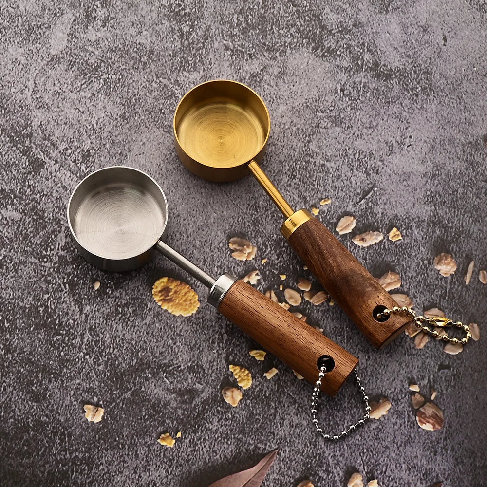 Gold Wooden Handle Stainless Steel Measuring Cups Spoons Baking Tools Coffee Measuring Spoon Set Bartending Scale Accessories