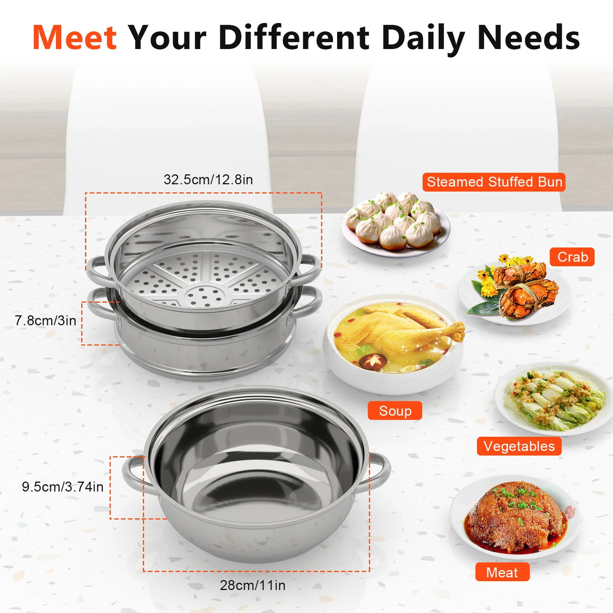 11 Inch 3-Tier Stainless Steel Food Steamer Pot with Lid