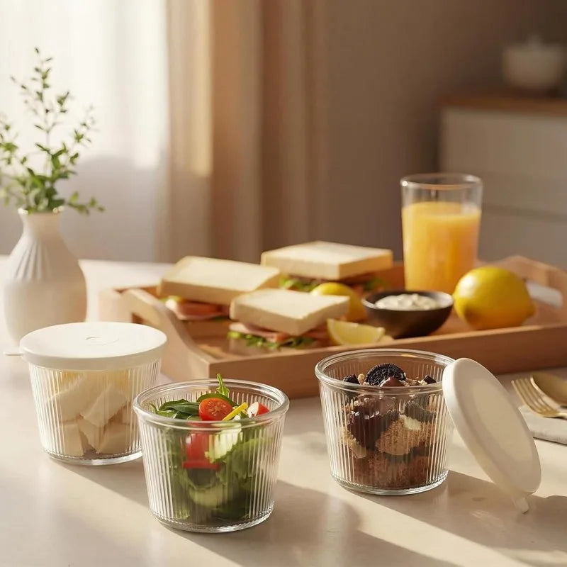 4/6PCS Small Glass Bowl with Lid Clear Stripe Glass Container Stackable for Desserts Puddings Sauces Dips Nuts Oats Candy Sweets