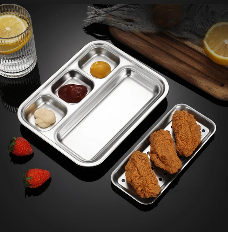 4 Grid 304 Stainless Steel Food Tray Oil Drain Barbecue Sauce Snack Trays Divided Dinner Tray Lunch Fruit Snack Container
