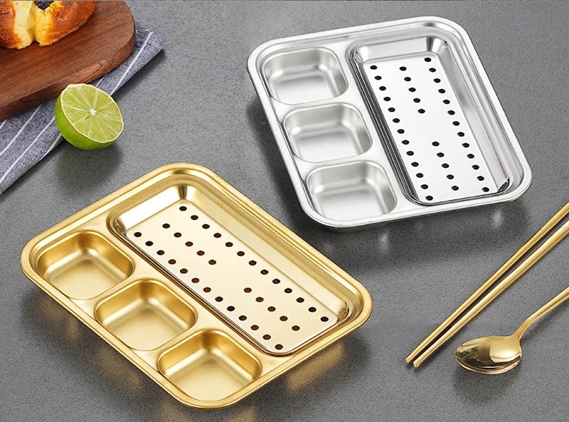 4 Grid 304 Stainless Steel Food Tray Oil Drain Barbecue Sauce Snack Trays Divided Dinner Tray Lunch Fruit Snack Container
