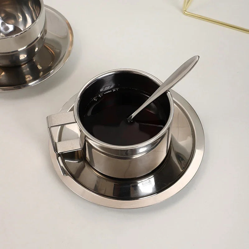 Korean Style Niche Coffee Cup and Saucer Set Retro Stainless Steel Coffee Cup Small Exquisite Posing Vlog Afternoon Tea Cup