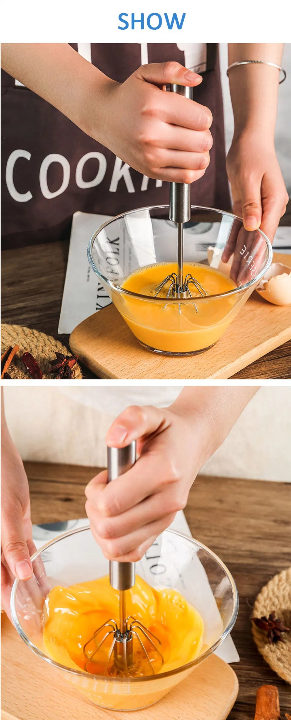Semi-Automatic Stainless Steel Hand Whisk, Push Action