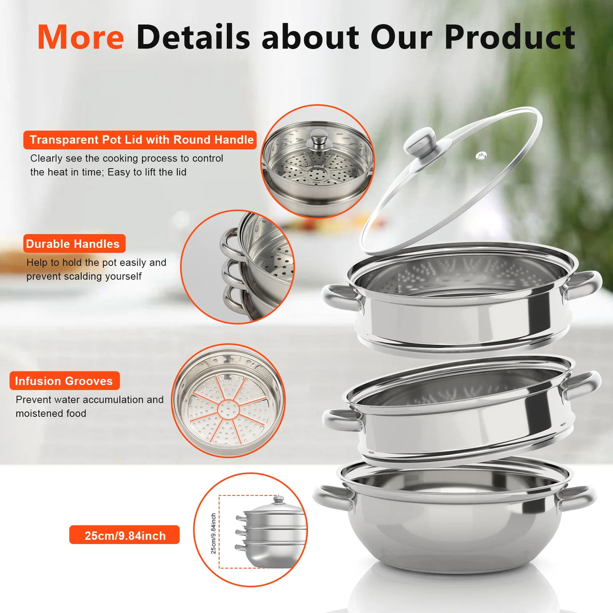11 Inch 3-Tier Stainless Steel Food Steamer Pot with Lid