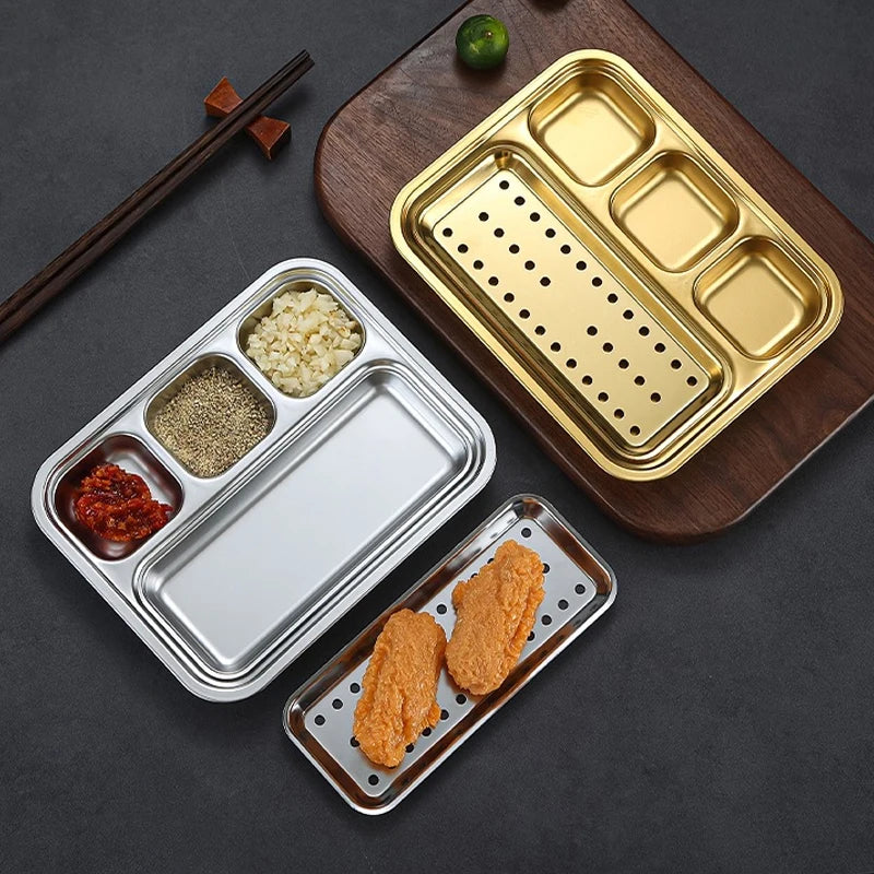 4 Grid 304 Stainless Steel Food Tray Oil Drain Barbecue Sauce Snack Trays Divided Dinner Tray Lunch Fruit Snack Container