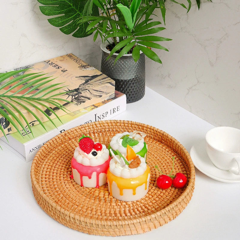 Hand-Woven Rattan Round Tray Basket, Bread and Fruit Basket, 22, 24 or 28 cm