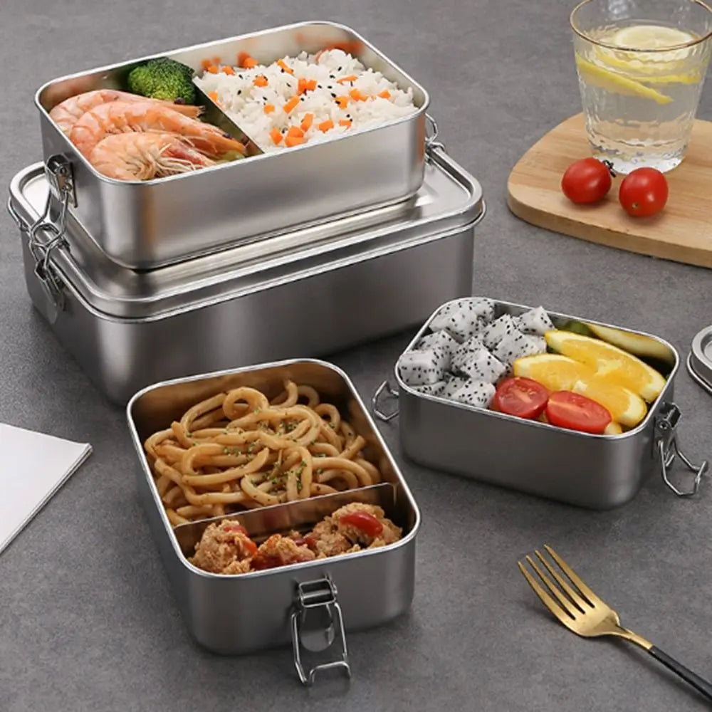 Stainless Steel Square Bento Box with Lid, Leak-Proof Lunch Container, 550 to 2400 ml
