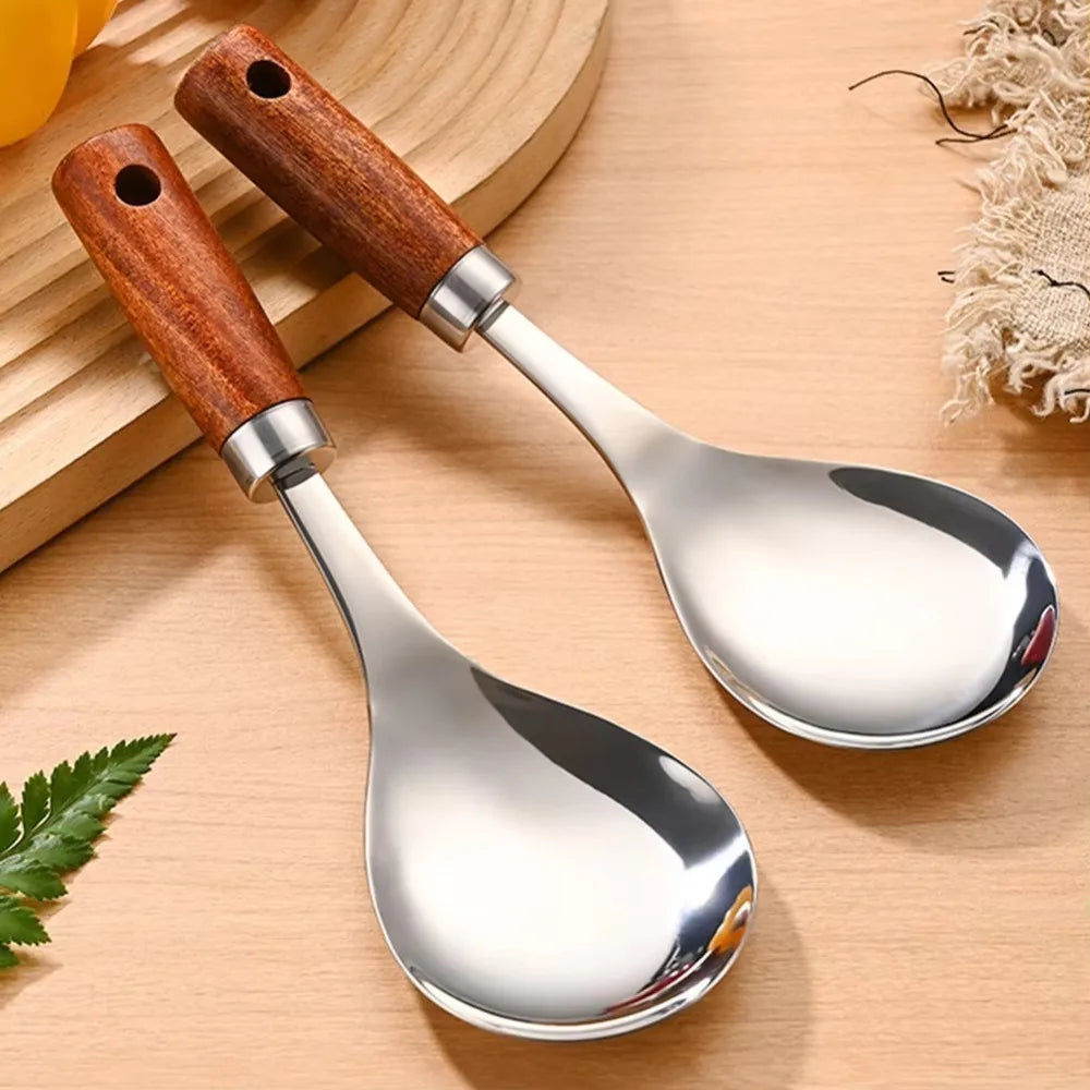 22cm Stainless Steel Rice Spoon Heat-Resistant Rice Shovel Spoon With Wooden Handle Non-Stick Spatula Rice Cooker Kitchen Tools