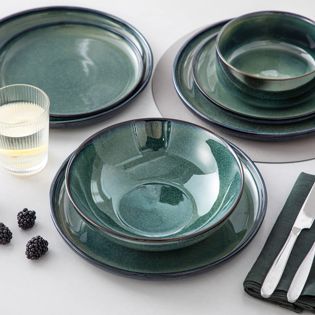 24 Piece Green Reactive Glaze Stoneware Dinner Set, Plates and Bowls for 6