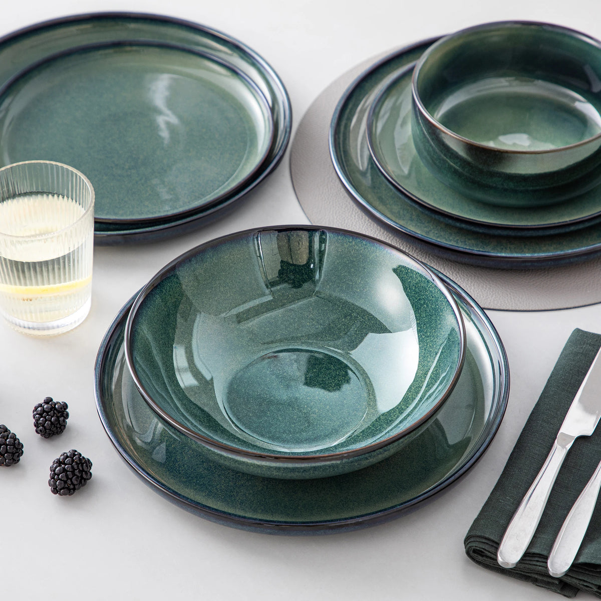 24 Piece Green Reactive Glaze Stoneware Dinner Set, Plates and Bowls for 6