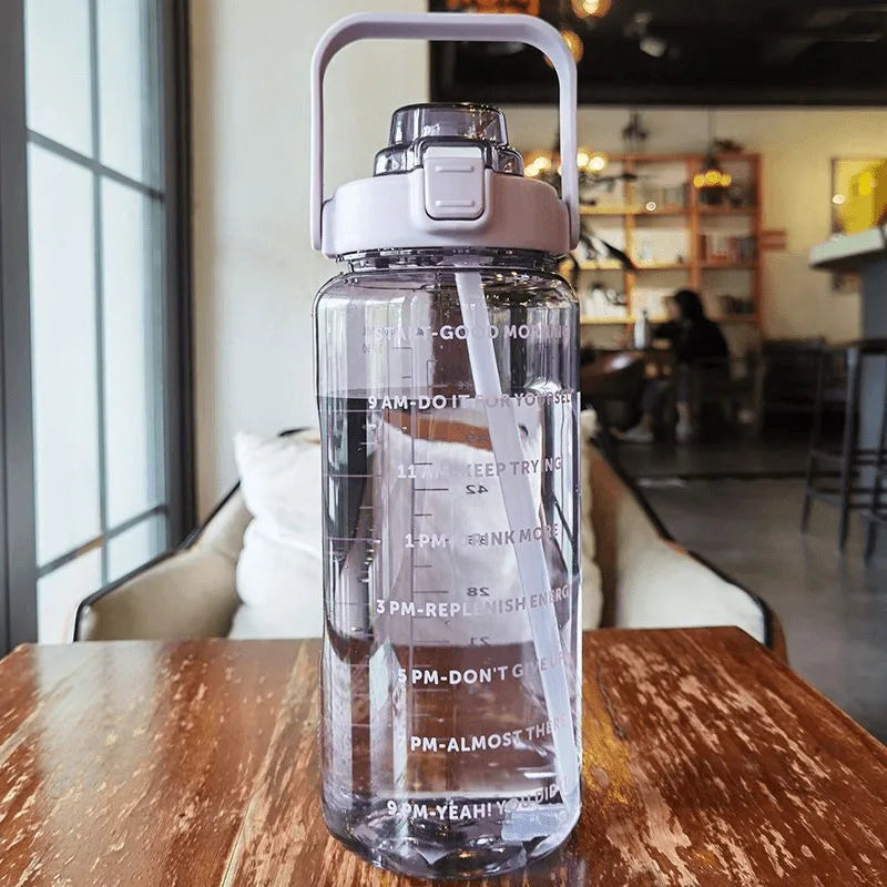 2 L Plastic Water Bottle with Straw and Time Markers, Sports Bottle, 5 Colours