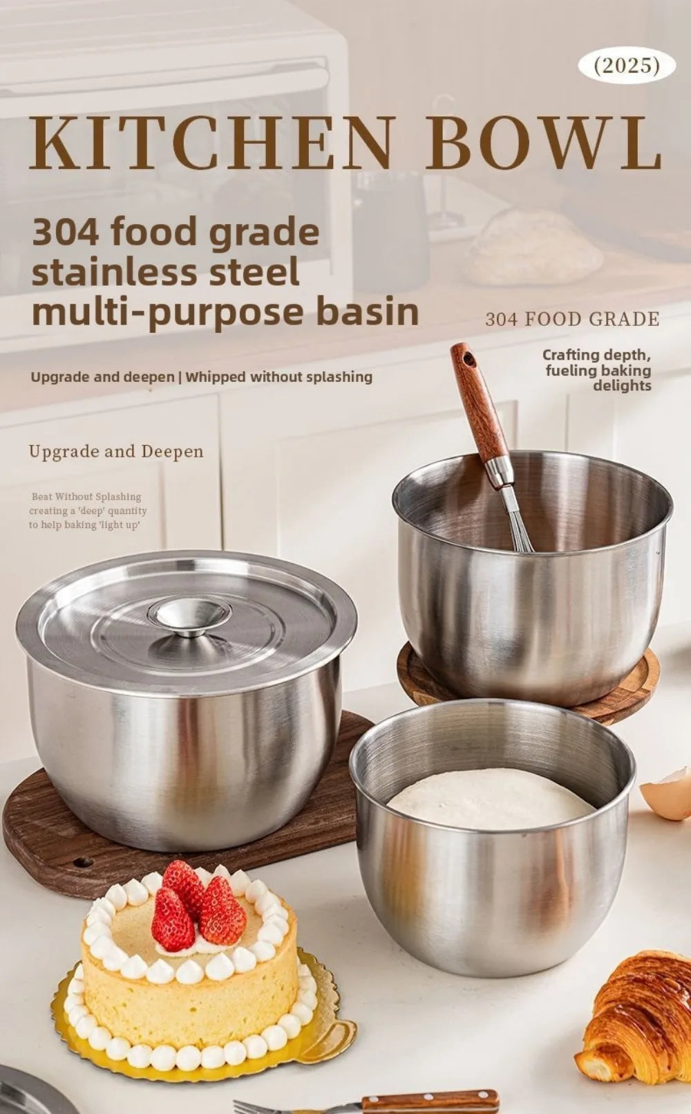 Stainless Steel Mixing Bowl Household Splash Proof Salad Egg Beating Basin Deep Design Bread Cake Fruit Container