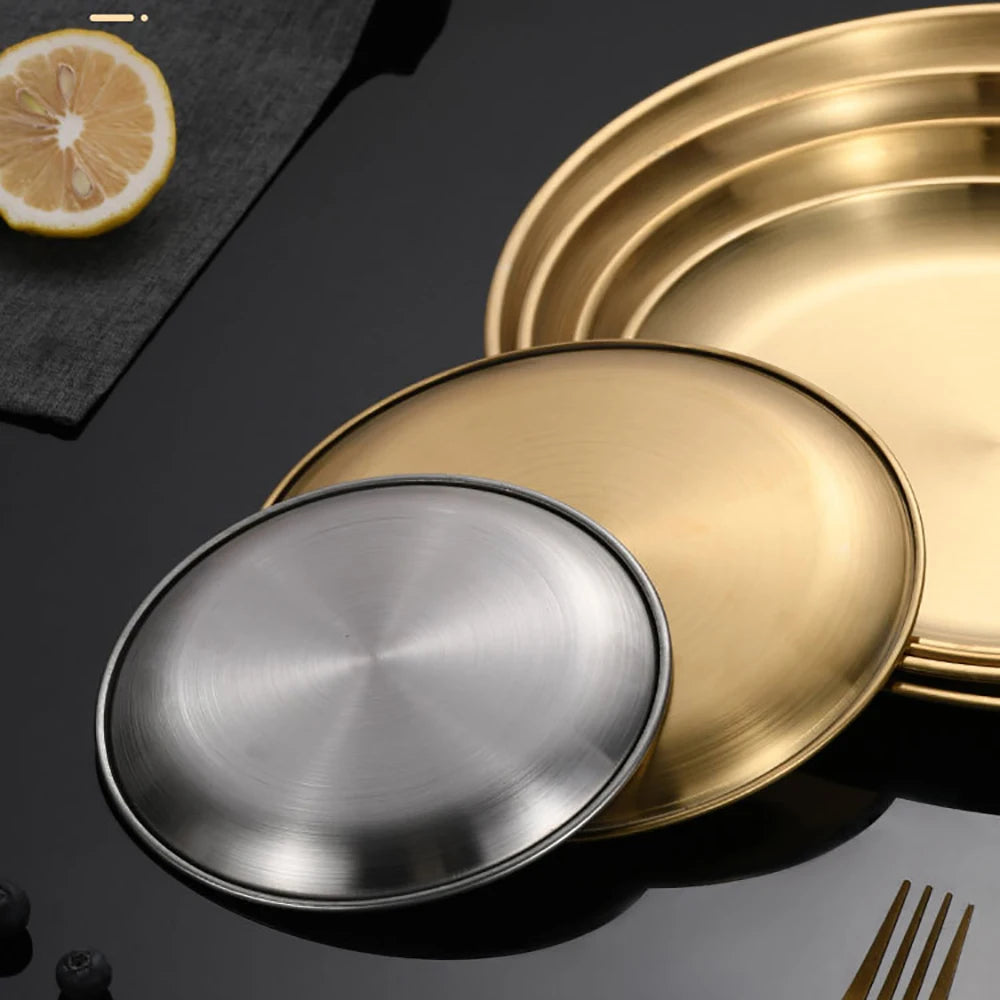 6Pcs Stainless Steel Plate Set BBQ Fried Chicken Barbecue Meat Plate Vegetable Fruit Storage Tray Party Cake Dessert Plate