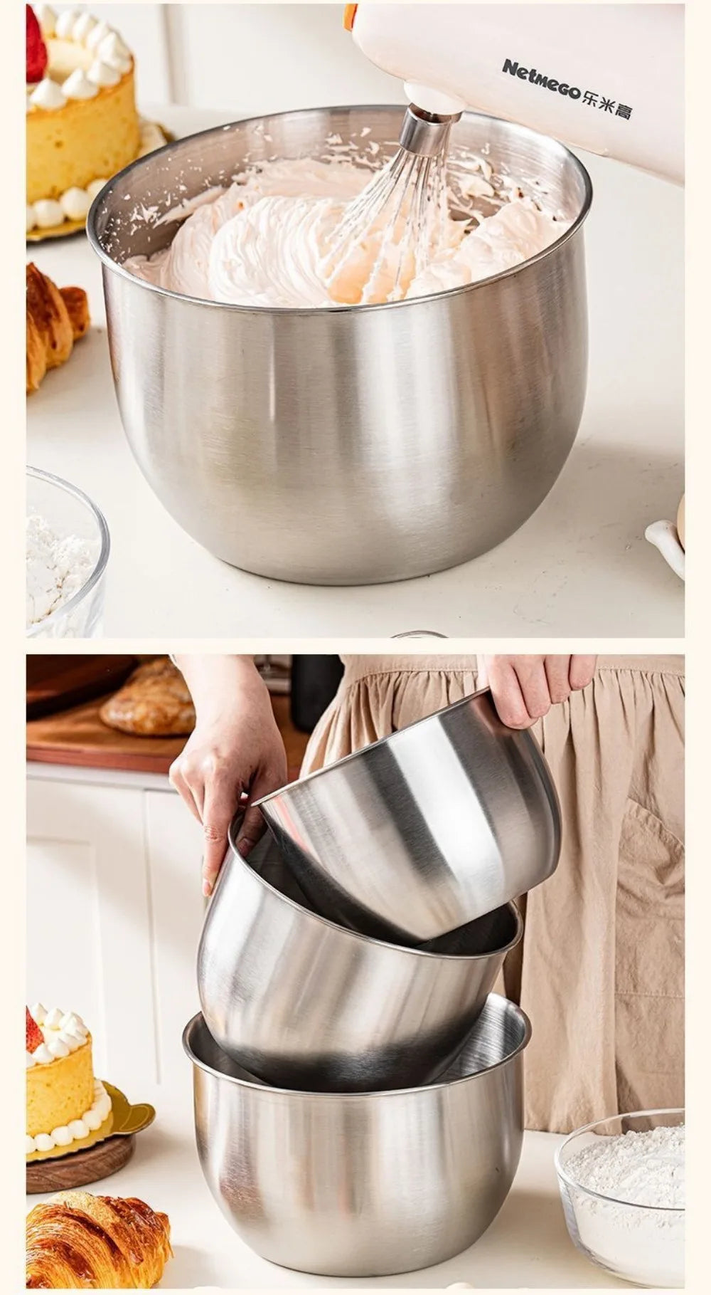 Stainless Steel Mixing Bowl Household Splash Proof Salad Egg Beating Basin Deep Design Bread Cake Fruit Container