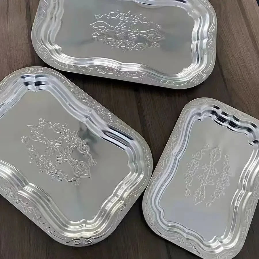 1PCS Stainless Steel Rectangular Tray with Embossed Design for Kitchen Living Room Storage Durable Fruit Snack Cake Serving Dish
