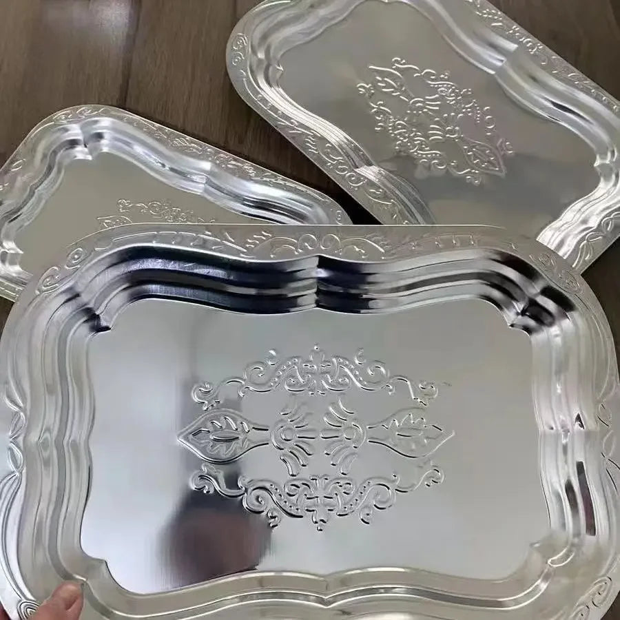1PCS Stainless Steel Rectangular Tray with Embossed Design for Kitchen Living Room Storage Durable Fruit Snack Cake Serving Dish