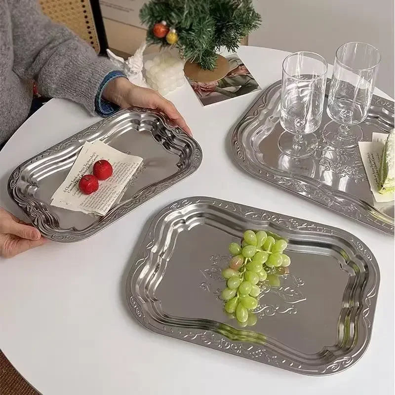 1PCS Stainless Steel Rectangular Tray with Embossed Design for Kitchen Living Room Storage Durable Fruit Snack Cake Serving Dish