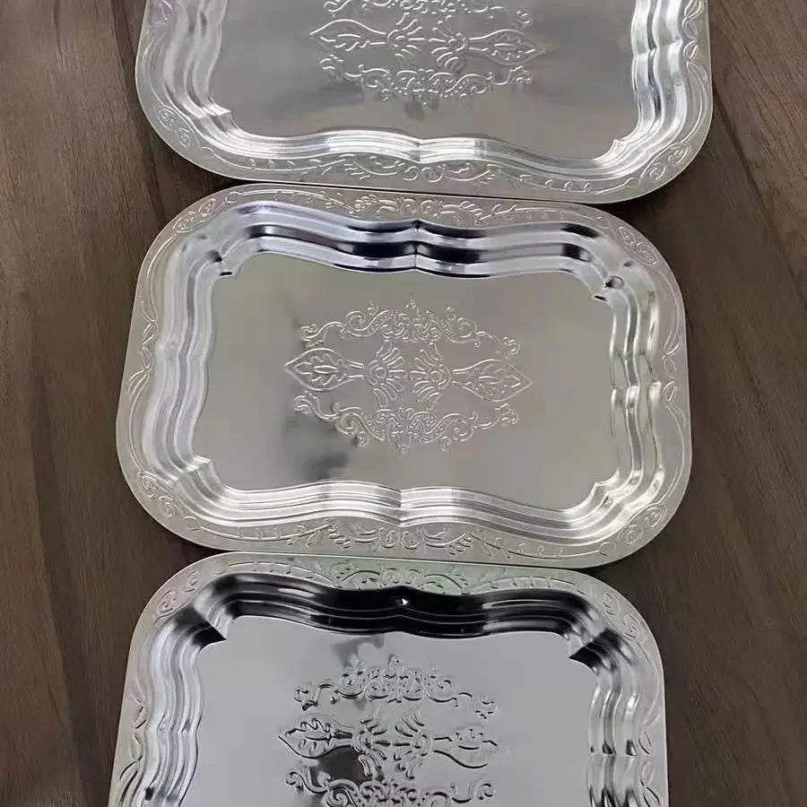 1PCS Stainless Steel Rectangular Tray with Embossed Design for Kitchen Living Room Storage Durable Fruit Snack Cake Serving Dish