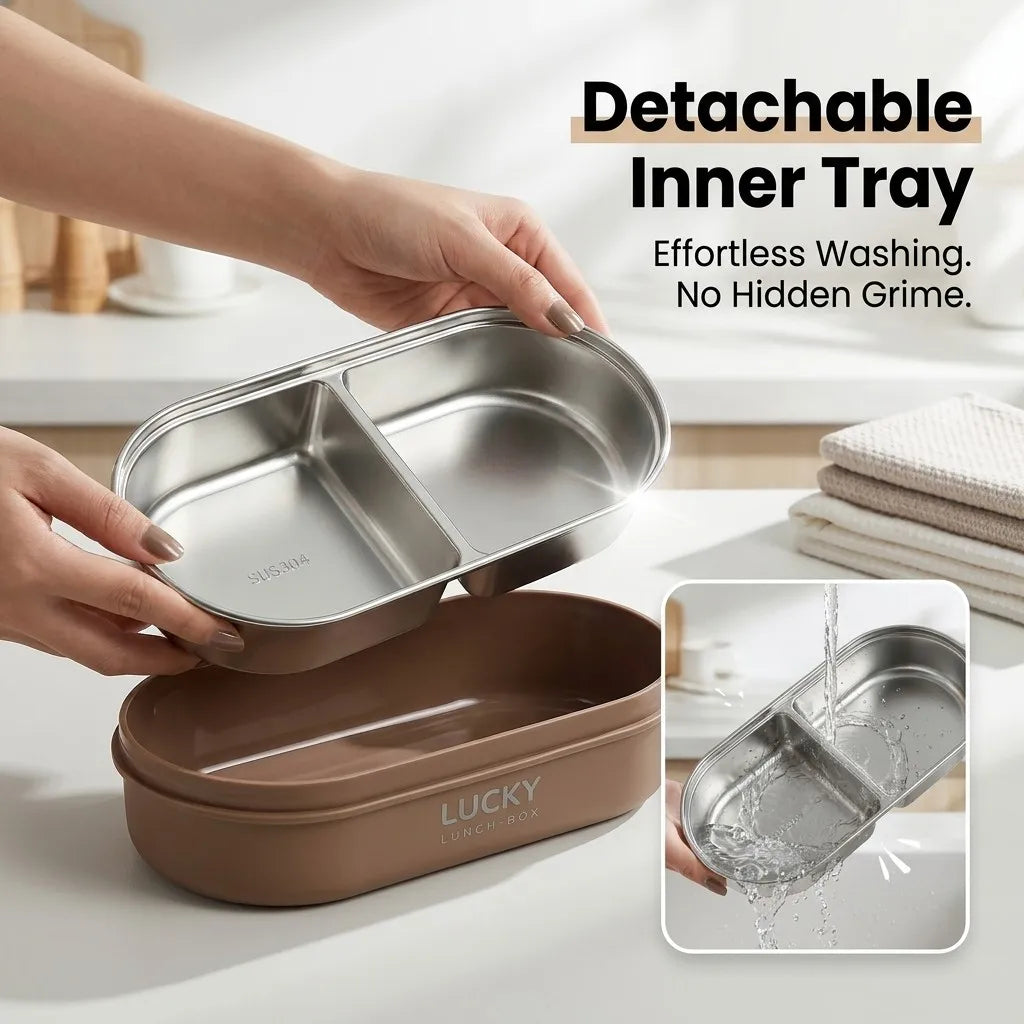 304 Stainless Steel Oval Insulated Lunch Box with Dividers, Leak-Proof, 850 to 1650 ml
