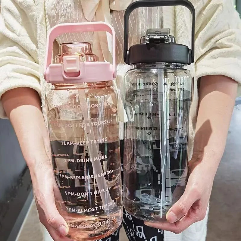 2 L Plastic Water Bottle with Straw and Time Markers, Sports Bottle, 5 Colours