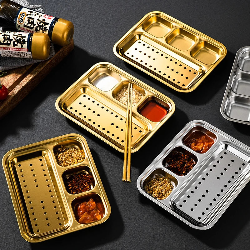 4 Grid 304 Stainless Steel Food Tray Oil Drain Barbecue Sauce Snack Trays Divided Dinner Tray Lunch Fruit Snack Container