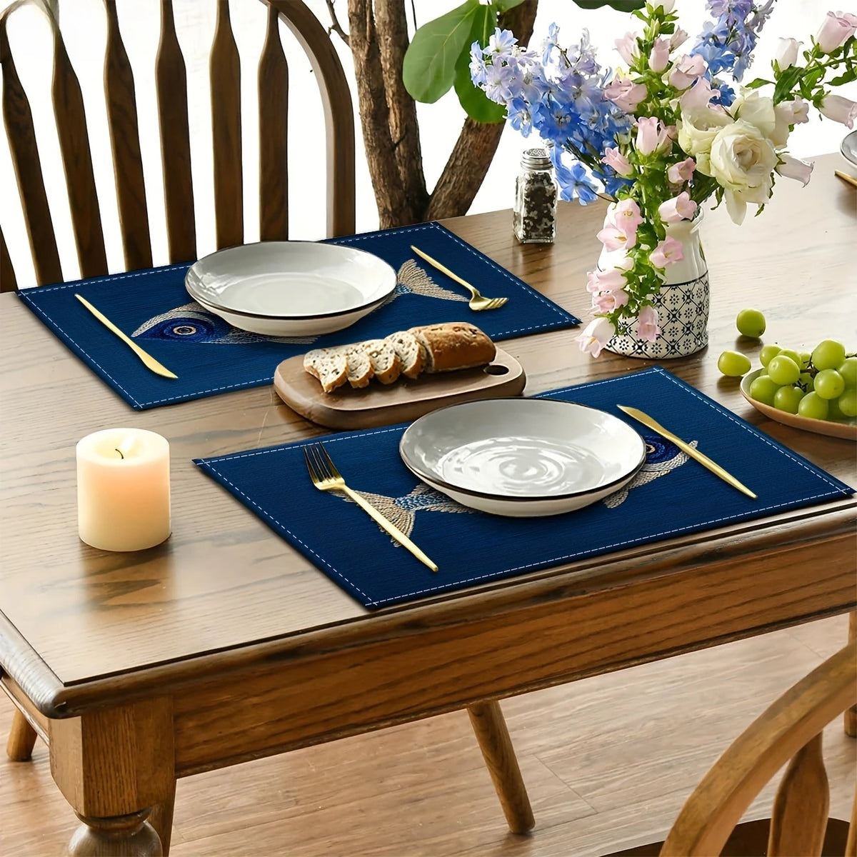 Blue Linen Placemat with Embroidered Fish Pattern