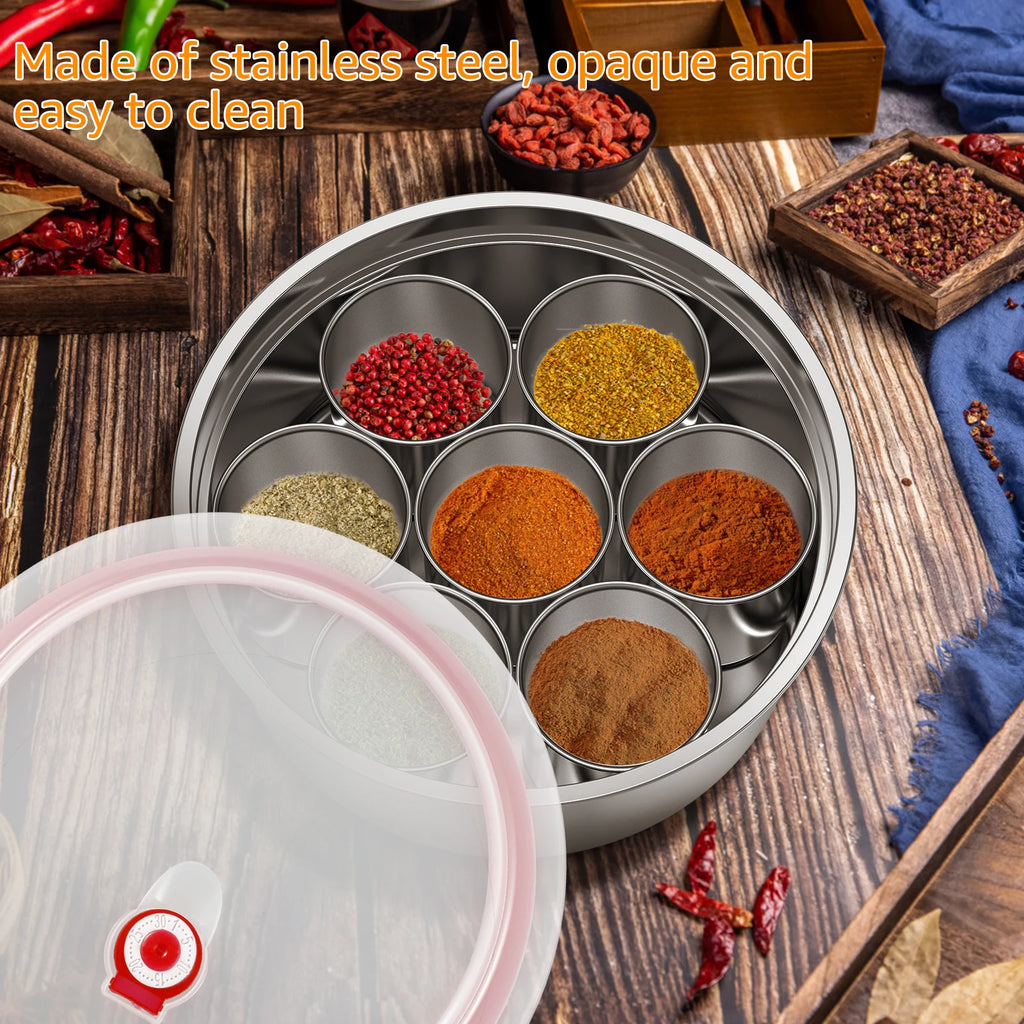 Masala Dabba Spice Box Stainless Steel Spice Storage Container with 7 Compartments Indian Spice Box with Transparent Lid & Spoon