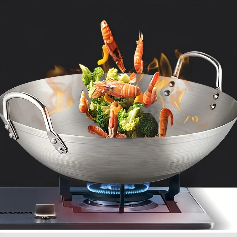1pc Large Stainless Steel Wok, Uncoated Thick High-Quality Durable Chef'S Pan with Dual Handles, Easy to Clean for Commercial