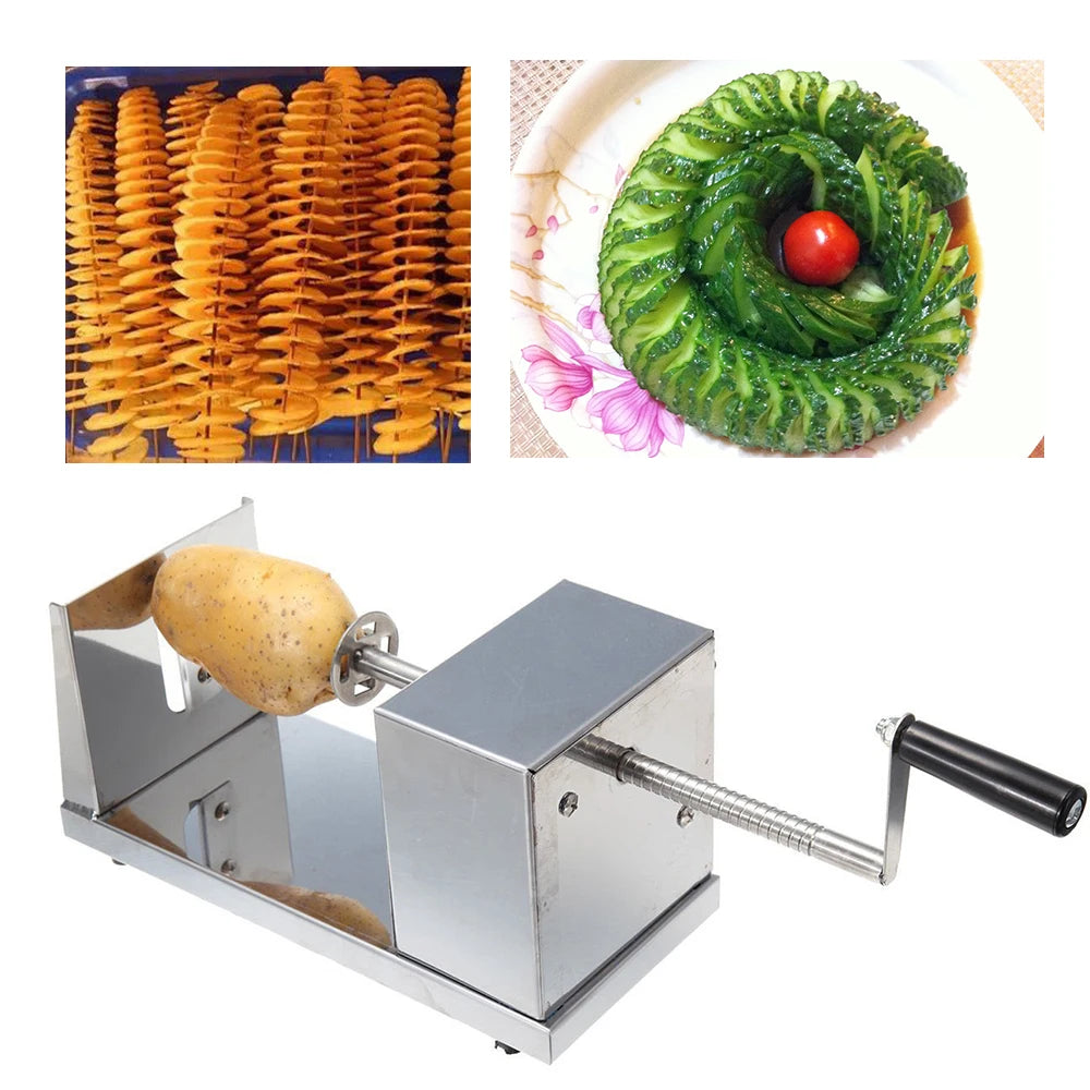 Stainless Steel Hand-Cranked Spiral Potato Cutter, Chip Maker and Apple Slicer