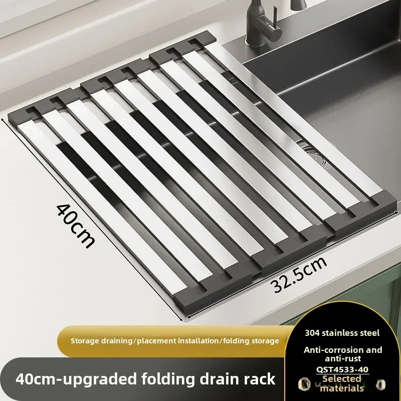 304 Stainless Steel Foldable Sink Drain Rack and Basket, Retractable, 35 to 45 cm