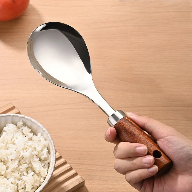 22cm Stainless Steel Rice Spoon Heat-Resistant Rice Shovel Spoon With Wooden Handle Non-Stick Spatula Rice Cooker Kitchen Tools