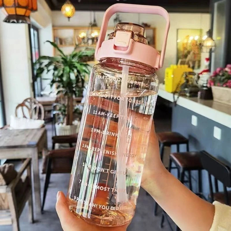 2 L Plastic Water Bottle with Straw and Time Markers, Sports Bottle, 5 Colours