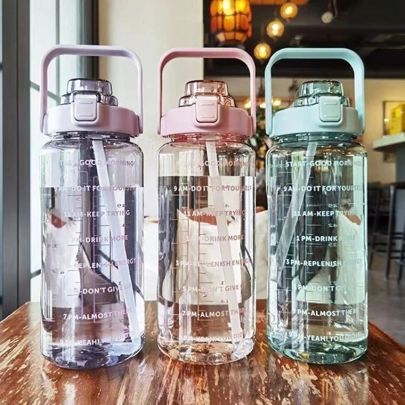 2 L Plastic Water Bottle with Straw and Time Markers, Sports Bottle, 5 Colours