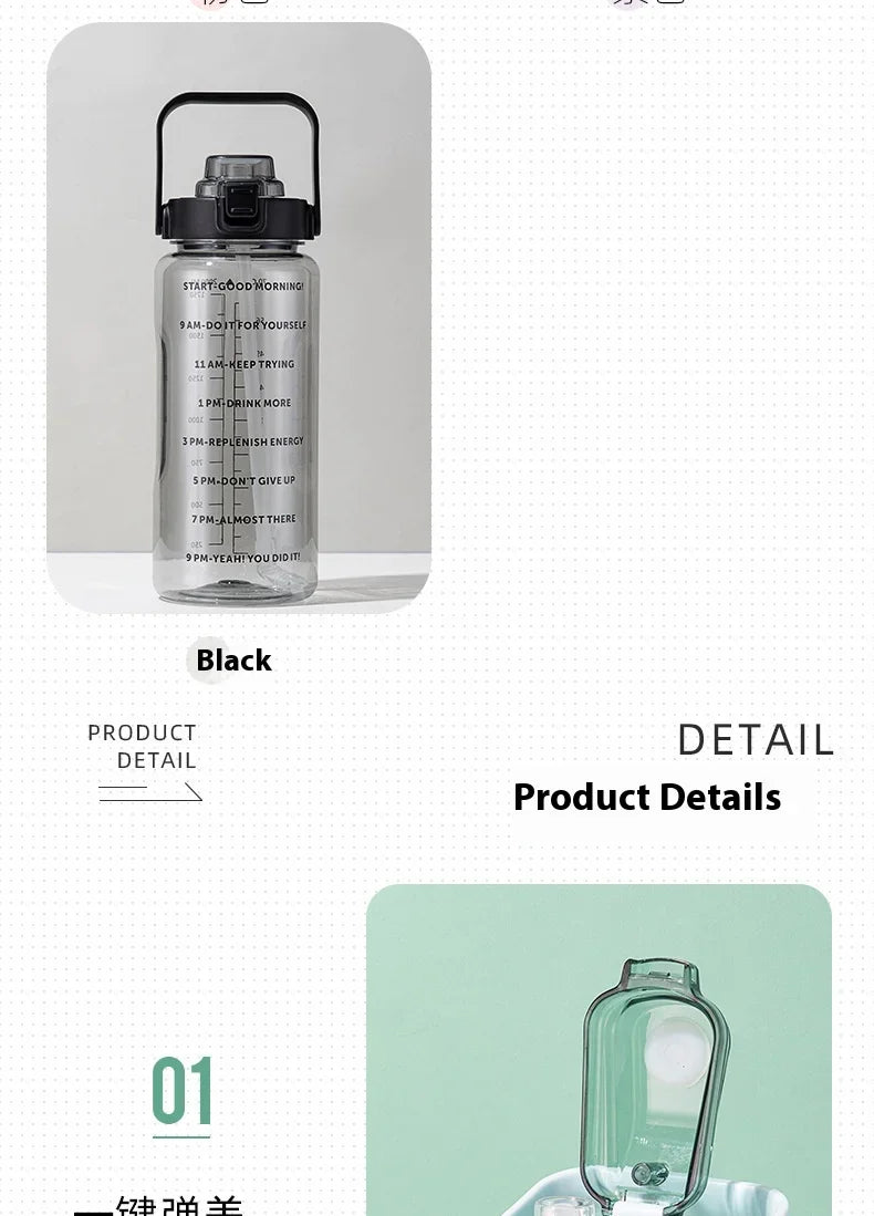 2 L Plastic Water Bottle with Straw and Time Markers, Sports Bottle, 5 Colours