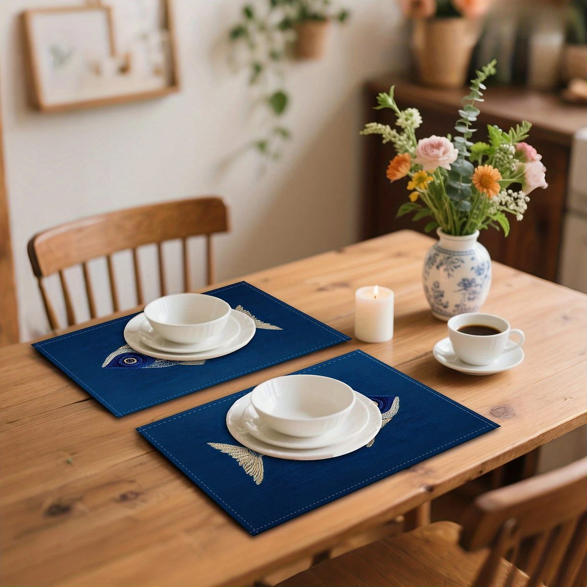 Blue Linen Placemat with Embroidered Fish Pattern