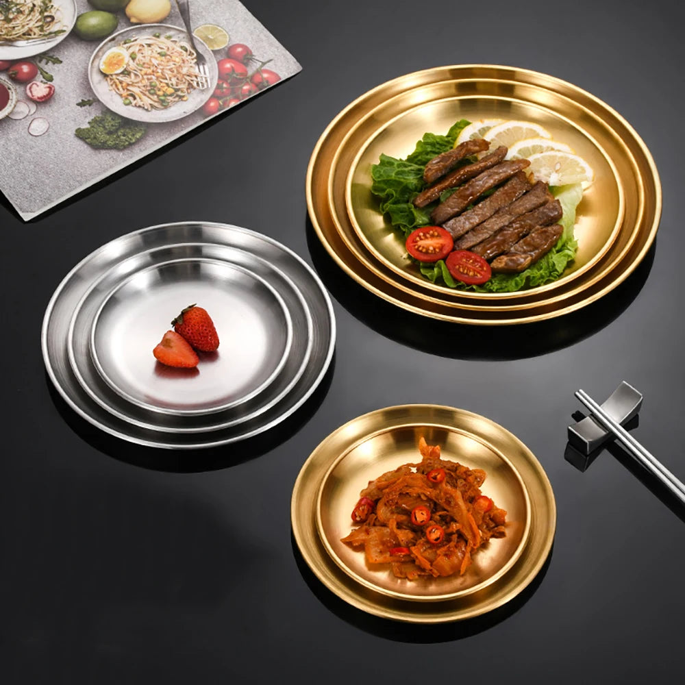 6Pcs Stainless Steel Plate Set BBQ Fried Chicken Barbecue Meat Plate Vegetable Fruit Storage Tray Party Cake Dessert Plate