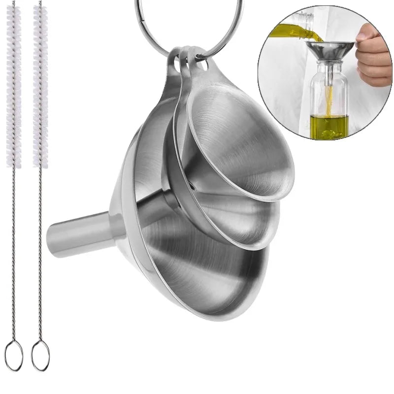 Stainless Steel Kitchen Funnel Set with Cleaning Brush