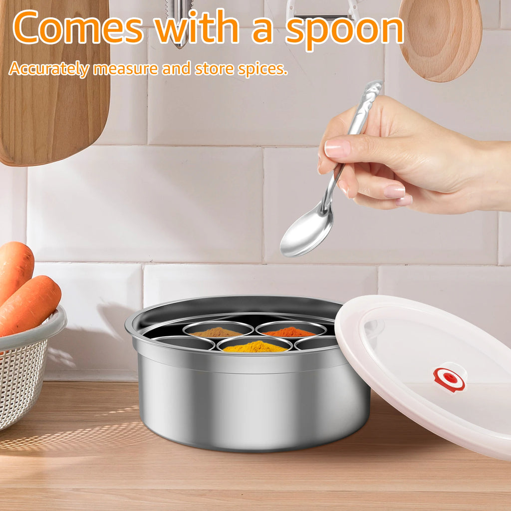 Masala Dabba Spice Box Stainless Steel Spice Storage Container with 7 Compartments Indian Spice Box with Transparent Lid & Spoon