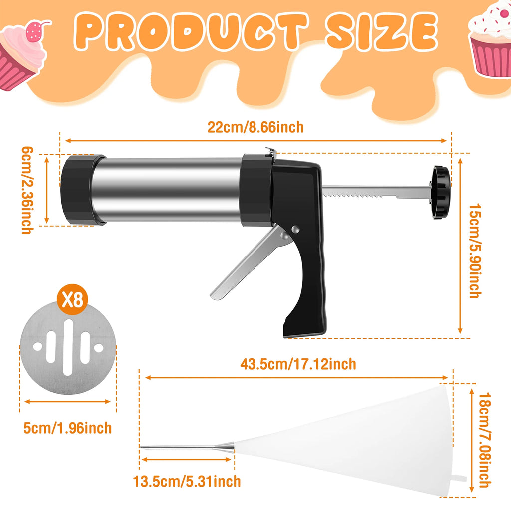 Stainless Steel Churro Maker and Cookie Press Gun Kit with 8 Nozzles